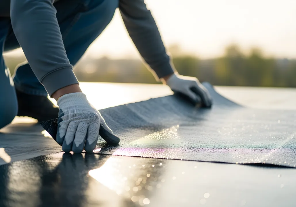 Professional roofer installing EPDM rubber membrane on flat roof with gloved hands applying waterproof roofing