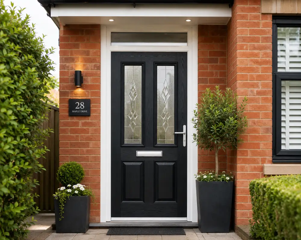 Black composite front door installation on a modern brick house in Aylesbury with decorative glazed panels