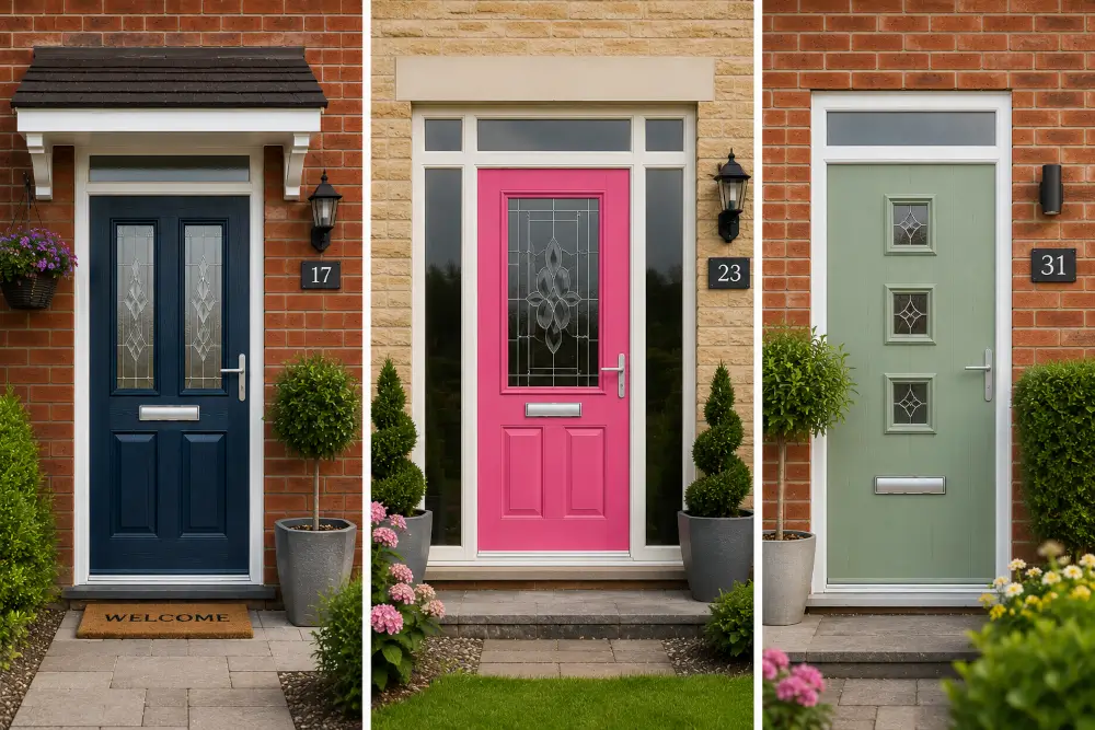 Three different composite front door styles in Aylesbury featuring blue, pink and sage green entrance doors